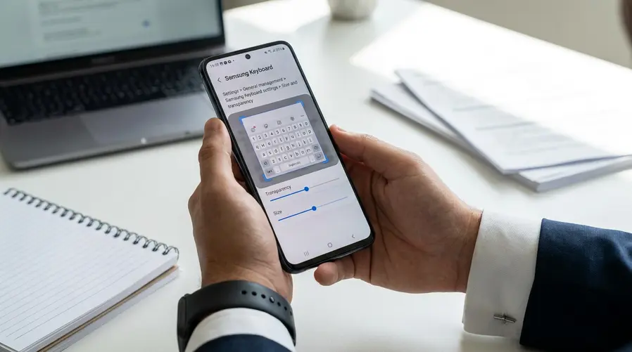 Uma captura de tela mostrando o caminho dentro das configurações do Samsung Keyboard até 'Size and transparency', com a tela de ajuste do tamanho do teclado aberta e os controles de redimensionamento visíveis.