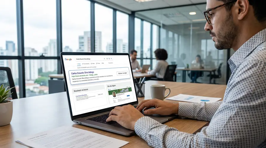 Uma tela de notebook mostrando uma busca no Google com o nome de uma pessoa, ao lado de um resultado destacado, um botão ou fluxo de solicitação de remoção e uma comparação visual entre 'resultado na busca' e 'site de origem', deixando claro que a remoção da pesquisa não apaga necessariamente a página original.
