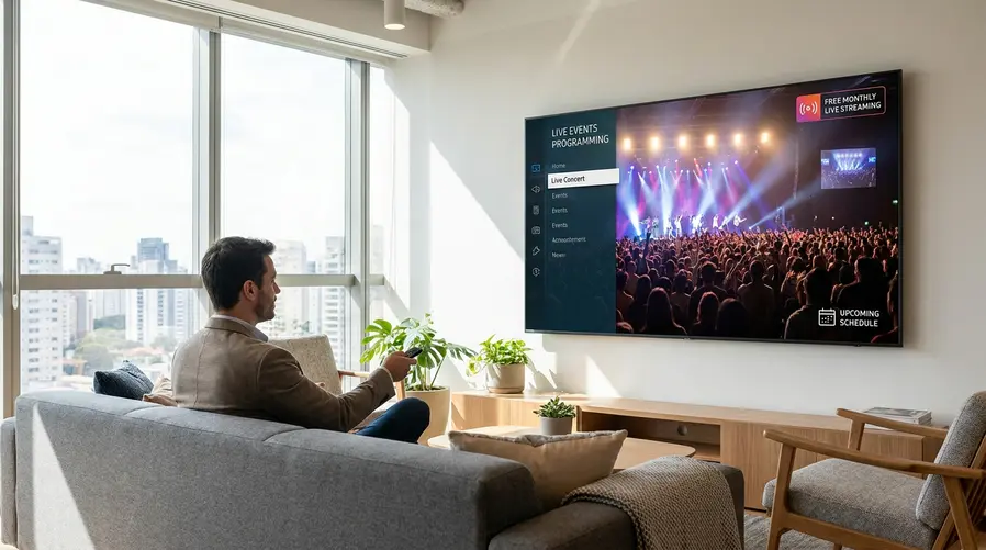Uma sala de estar com uma smart TV Samsung exibindo um concerto de K-pop ao vivo, com ícones discretos na tela sugerindo que a transmissão é gratuita e mensal; ao lado, uma pessoa usando o controle remoto para abrir a programação de eventos ao vivo da TV.