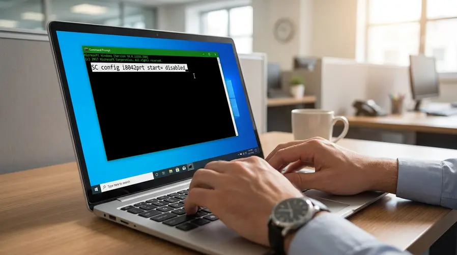 Uma captura de tela do Prompt de Comando aberto como administrador, com o comando 'SC config i8042prt start= disabled' digitado e destacado, mostrando claramente onde o usuário deve inserir a instrução para tentar desativar o teclado.