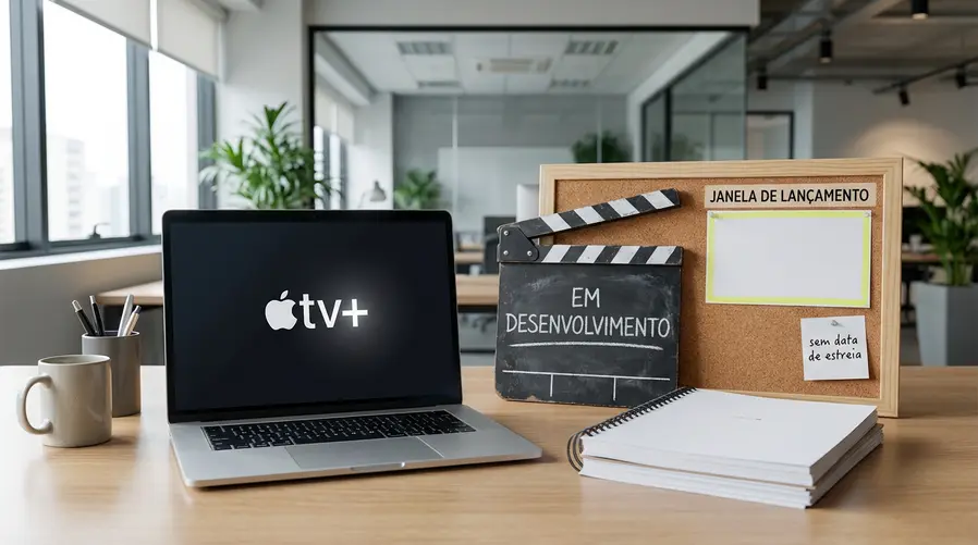 Uma imagem do logo da Apple TV+ ou uma arte simples da plataforma acompanhada de elementos visuais de status de produção, como claquete, roteiro e calendário, para reforçar que a série ainda está em fase inicial e sem data de estreia definida.