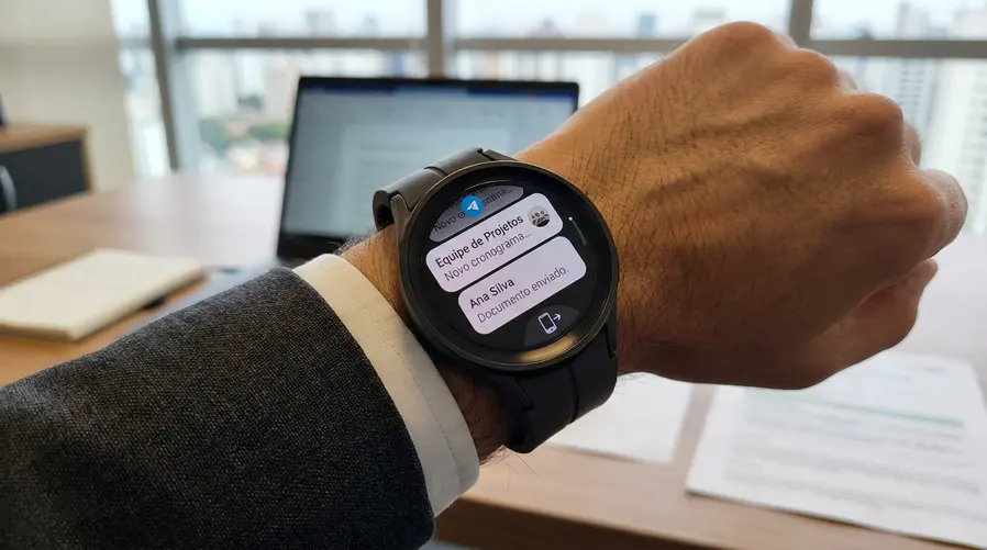 Um Galaxy Watch com a interface do Telegram aberta mostrando uma lista de mensagens em formato de cartões sobrepostos, com um chat de grupo visível e um pequeno atalho na tela sugerindo a abertura da conversa completa no celular; a imagem deve destacar a adaptação para display circular.