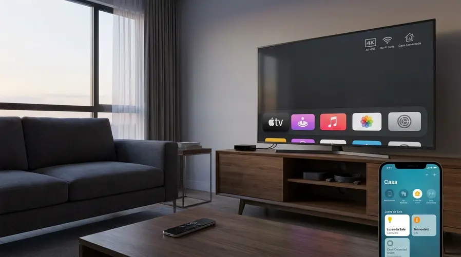 Mostrar uma Apple TV 4K conectada à TV da sala, com um controle na mesa e elementos que indiquem os recursos citados na seção: ícones discretos de streaming em 4K, Wi‑Fi e integração com casa conectada, destacando que o modelo atual ainda é robusto enquanto o texto fala dos possíveis ganhos do próximo.