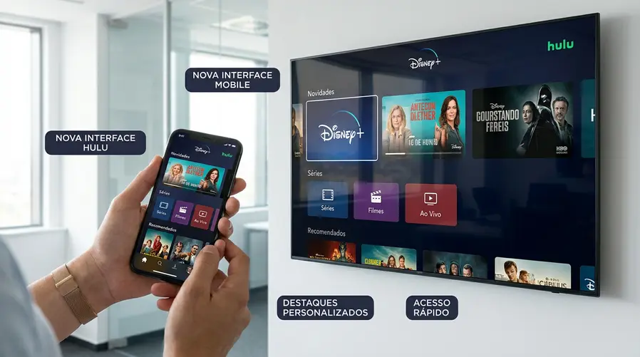 Uma captura de tela ou mockup da tela inicial do app no celular e na TV, destacando os novos blocos, atalhos e áreas de recomendação onde as três funções apareceriam para o usuário.