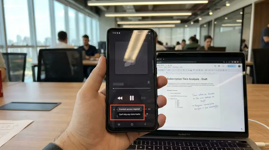 Uma captura de tela do app Apple Music em beta no Android mostrando trechos das strings reveladas, com destaque visual para frases como “Premium access required” e “Can’t skip any more tracks”, junto de uma interface de música que sugira bloqueio de funções e limite de pulos de faixa.