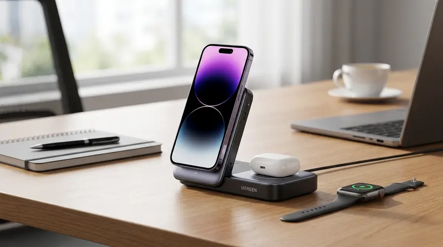 Uma foto do UGREEN Nexode Power Bank apoiado sobre uma mesa, com um iPhone encaixado magneticamente na frente, fones sem fio carregando em outro ponto e um relógio inteligente ao lado, para ilustrar a ideia de uso híbrido em viagem ou no escritório.