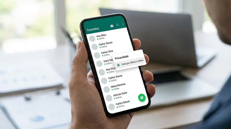 Uma captura de tela conceitual de um celular mostrando a interface centralizada do WhatsApp com uma lista de contatos marcados como online, ao lado de um pequeno bloco visual de configurações de privacidade destacando quem pode ver o status online.