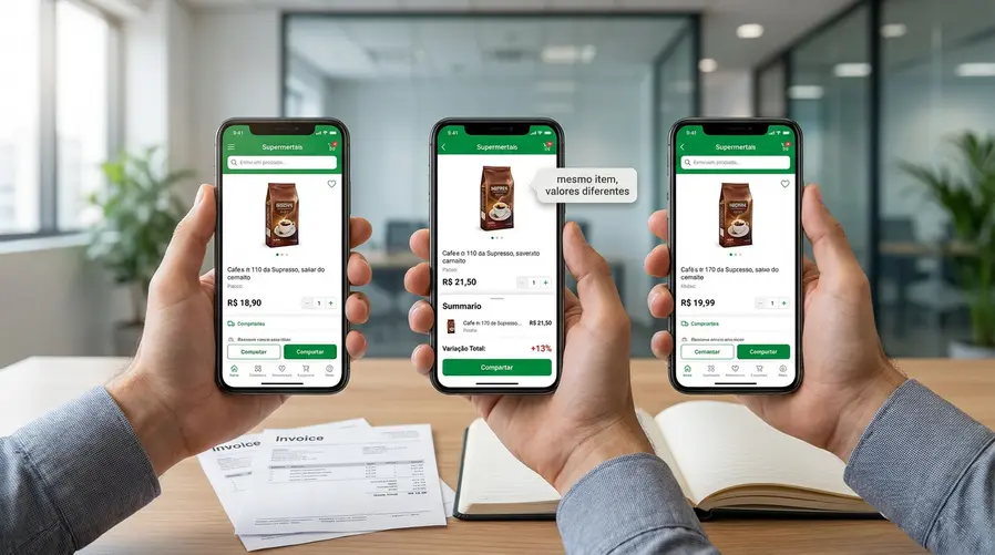 Uma comparação visual de três telas de app de supermercado mostrando o mesmo produto com preços diferentes, lado a lado, com destaque para a variação percentual no carrinho e um selo discreto indicando 'mesmo item, valores diferentes'.