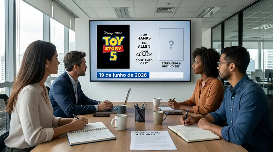 Um frame promocional de Toy Story 5 com o aviso de estreia nos cinemas em 19 de junho de 2026, acompanhado de uma composição visual simples com os nomes de Tom Hanks, Tim Allen e Joan Cusack destacados como elenco confirmado, e um espaço vazio ou ícone de interrogação sinalizando que preço e streaming ainda não foram anunciados.