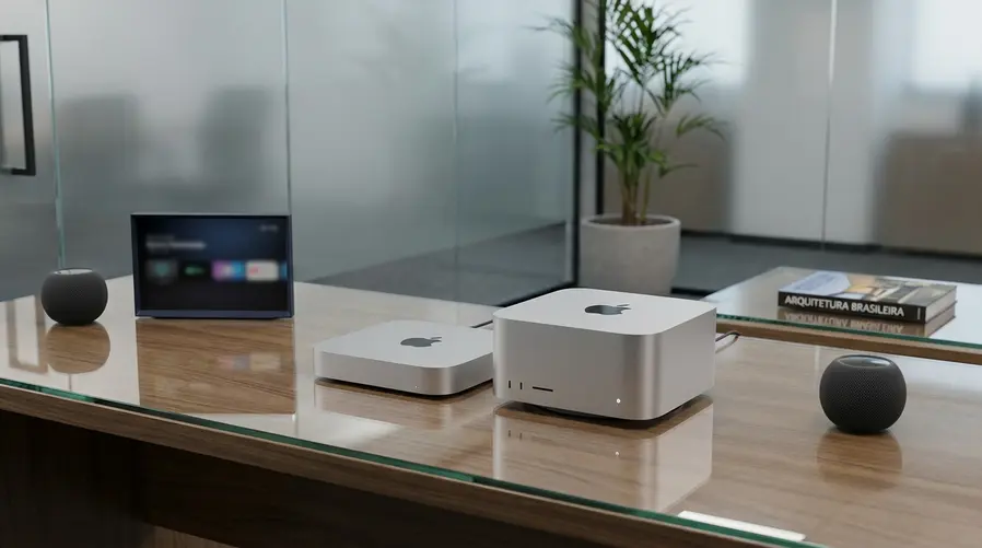 Um bloco visual com os possíveis produtos da lista em cards separados, mostrando um Mac mini e um Mac Studio lado a lado, junto de ícones discretos de uma TV da sala e de caixas de som inteligentes para reforçar que a seção fala de hardware que pode surgir na WWDC.