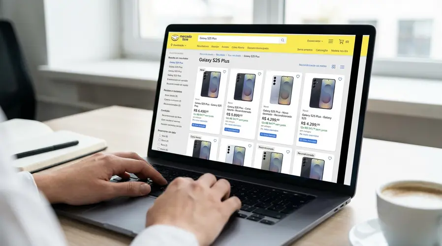 Um print da vitrine de resultados do Mercado Livre mostrando várias listagens do Galaxy S25 Plus lado a lado, com diferenças visíveis de preço, número de parcelas e condições como novo, caixa aberta e recondicionado, para reforçar a ideia de que a oferta muda rápido.