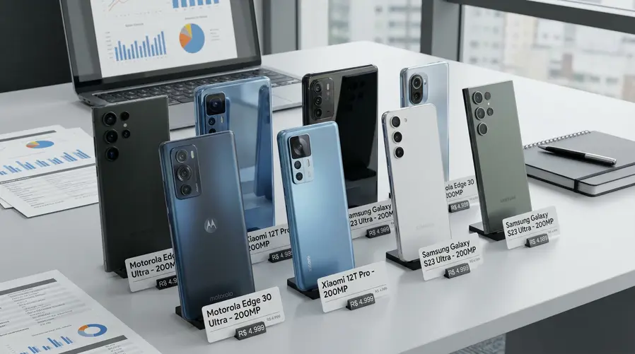 Uma imagem comparando, em formato de vitrine ou mosaico, os celulares da lista com a câmera traseira em destaque e pequenos rótulos com marca e modelo, para o leitor identificar rapidamente quais aparelhos têm sensor de 200 MP disponíveis no Brasil.