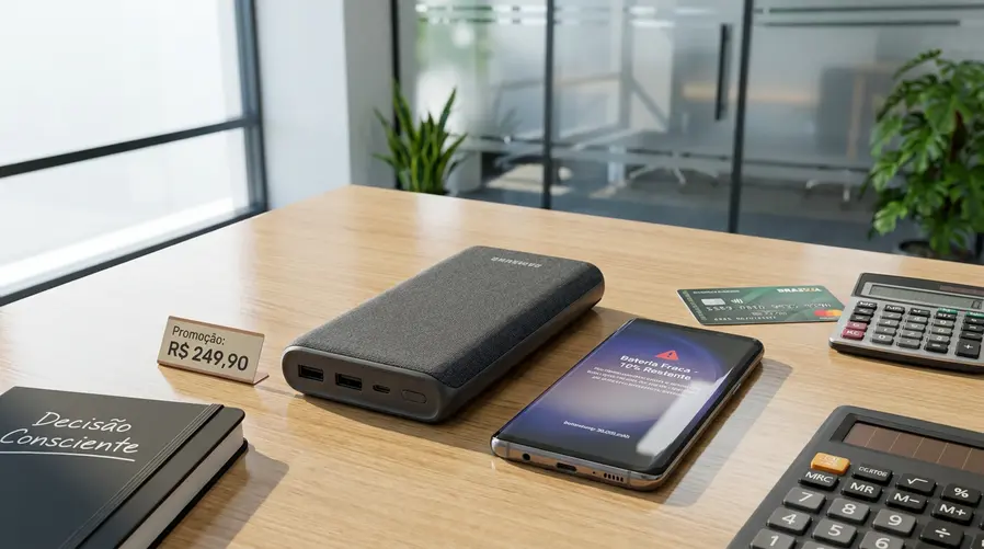 Uma foto do power bank Samsung ao lado de um celular com a tela mostrando bateria baixa e o preço promocional visível em destaque, de preferência em um cenário de uso cotidiano como mochila, mesa de trabalho ou tomada de aeroporto, para reforçar a comparação entre compra por impulso e decisão consciente.