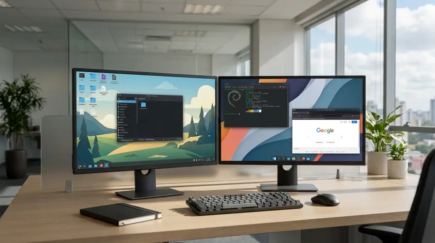 Uma captura de tela do KDE Plasma com dois monitores lado a lado, mostrando desktops diferentes em cada tela: em um monitor, ícones e uma janela aberta; no outro, um papel de parede e janelas distintas, para evidenciar visualmente a ideia de uma área de trabalho separada por monitor.