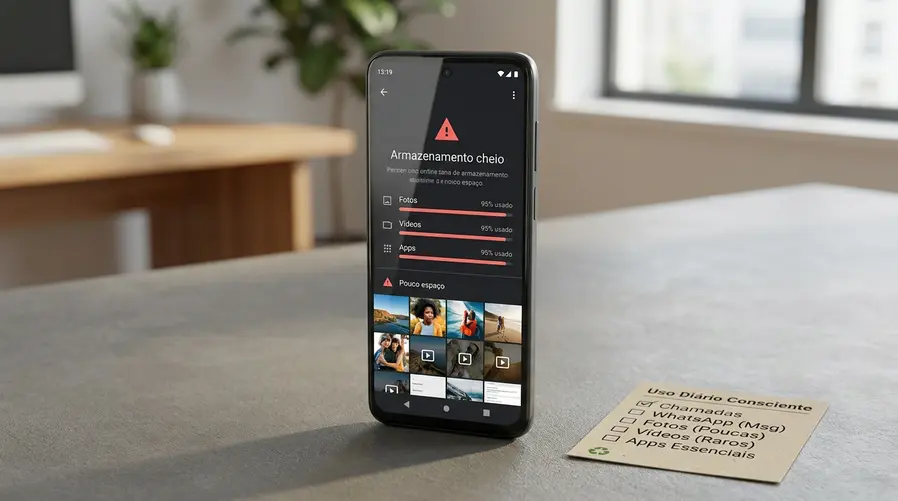 Foto do Motorola Moto G06 em destaque sobre uma superfície neutra, com a tela ligada exibindo a interface de armazenamento cheio de fotos e vídeos, ao lado de um ícone visual simples de checklist ou comparação de uso diário, para reforçar a ideia de aparelho de entrada com foco em espaço interno e compra consciente.