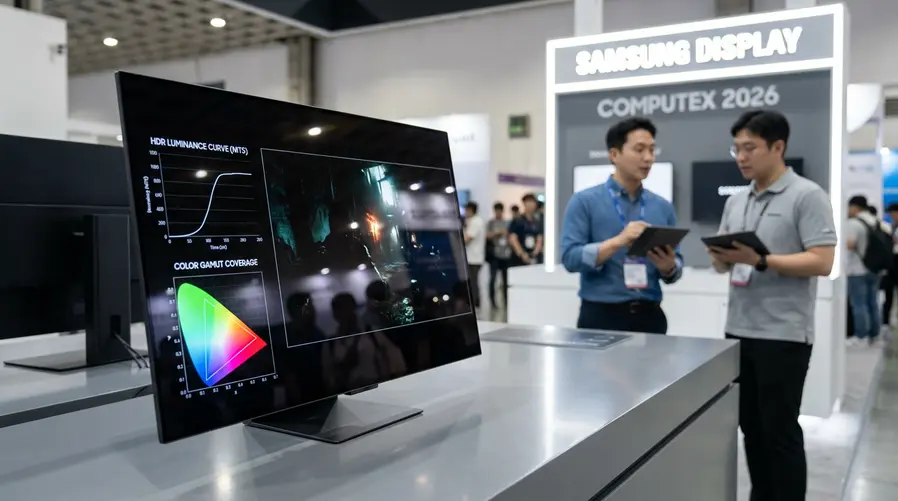 Um close do painel QD-OLED destacado em uma bancada de demonstração na Computex, com gráficos de brilho/HDR na tela e elementos visuais que sugiram imagens mais vivas em cenas escuras de jogo, para ilustrar a discussão sobre Penta Tandem, brilho e HDR.