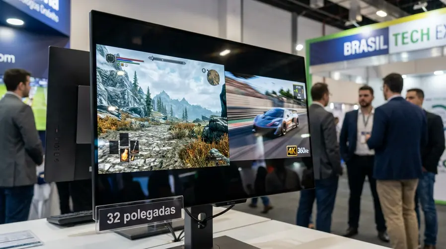 Um close do painel de monitor em exposição na feira, com destaque visível para o tamanho de 32 polegadas e um gráfico/arte na tela que sugira a combinação entre 4K e 360 Hz, como uma cena de jogo muito fluida e nítida lado a lado com elementos de interface bem definidos.
