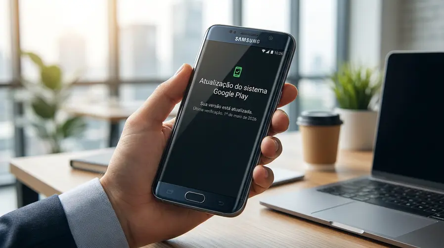 Screenshot de um celular Samsung na tela de informações de atualização do Google Play System, mostrando claramente o campo com a data '1º de maio de 2026' ainda visível após a instalação, ao lado de um pacote pequeno de atualização concluída.