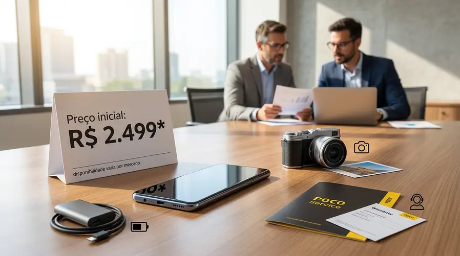 Uma imagem mostrando o POCO X8 Pro Max ao lado de um quadro simples com o preço inicial, a observação de que a disponibilidade varia por mercado e um destaque visual para os pontos que o consumidor costuma pesar antes de comprar: bateria, câmera e suporte oficial.