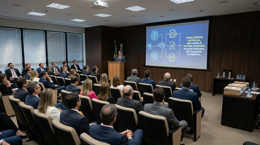 Uma imagem de uma sala de aula ou auditório institucional com tela de apresentação ao fundo mostrando elementos de IA e documentos digitais, enquanto participantes observam a palestra; a cena deve sugerir o debate sobre aplicação prática da inteligência artificial na rotina do Judiciário, sem destacar marcas ou telas genéricas de software.