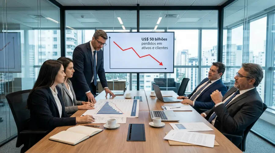 Um gráfico simples mostrando a saída de recursos da gestora ao longo do tempo, com uma linha em queda e uma anotação destacando a perda de US$ 50 bilhões em ativos e clientes, ao lado de uma representação discreta de investidores recuando.