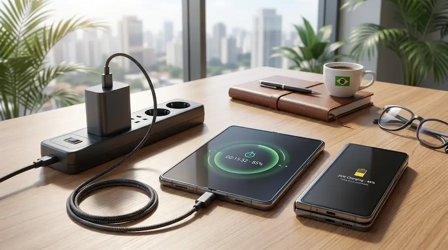 Uma imagem que mostre o Galaxy Z Fold 8 Ultra conectado a um carregador de parede, com um cronômetro ou indicador visual sugerindo recarga mais rápida, e ao lado uma comparação discreta com o Galaxy Z Fold 7 para reforçar a diferença de 45 W versus 25 W.