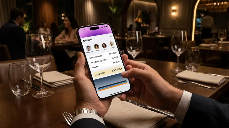 Uma tela de iPhone com a Apple Wallet aberta exibindo uma conta de restaurante já dividida entre quatro pessoas, com itens como valor da refeição, taxa e gorjeta separados em linhas diferentes e um destaque visual mostrando o quanto cada amigo deve pagar.