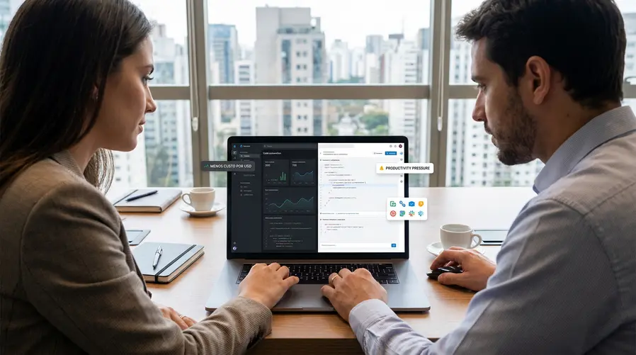 Uma imagem comparando visualmente duas telas de produto/serviço de IA em um notebook: de um lado, uma interface de código ou automação com rótulo discreto de 'menos custo por uso'; do outro, uma tela sugerindo a pressão competitiva do Claude, com foco em ferramentas para programação. A cena deve ilustrar a disputa por desenvolvedores e empresas, sem destacar marcas de forma promocional.