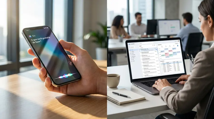 Uma tela dividida mostrando um iPhone com a Siri acionada e, ao lado, uma interface de IA consultando e-mails e uma planilha, para ilustrar a ideia de uma assistente que consegue buscar dados e montar respostas com menos toque manual.
