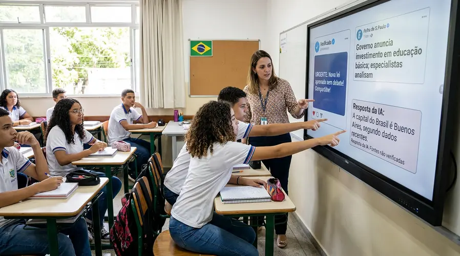 Uma sala de aula com um professor projetando na lousa digital exemplos de conteúdo em formato de post, notícia e resposta gerada por IA, enquanto alunos apontam diferenças entre informação confiável e conteúdo duvidoso. A imagem deve comunicar educação midiática e leitura crítica, não tecnologia genérica.