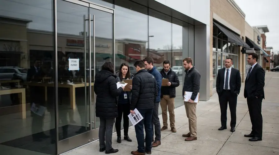 Uma foto da fachada da Apple Store de Towson com elementos que transmitam tensão institucional, como a vitrine fechada ou funcionários em reunião do lado de fora, para reforçar a disputa entre trabalhadores, sindicatos e congressistas sobre o encerramento da loja.