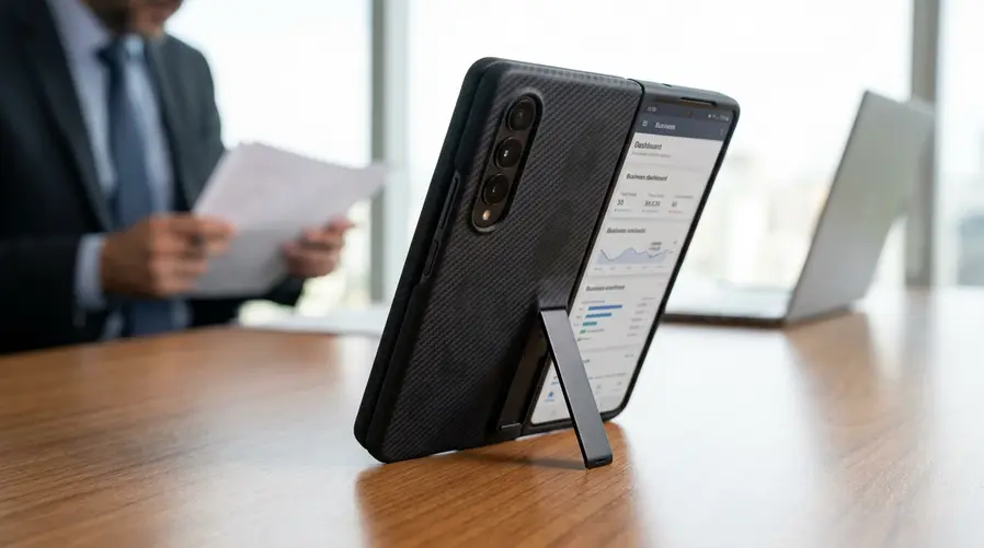 Uma foto do Carbon Standing Case encaixado em um Galaxy Z TriFold, mostrando de perto a textura com acabamento em fibra de carbono, a parte do case que funciona como apoio de mesa e o fato de que ele cobre apenas uma parte do aparelho dobrável, para ilustrar o impacto prático no uso diário.