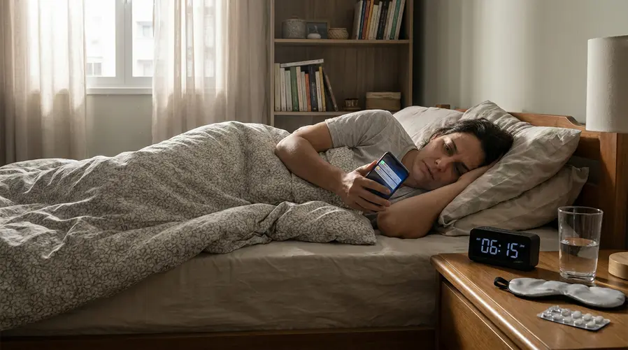 Uma cena de quarto logo após o despertar: uma pessoa ainda na cama segurando o celular com várias notificações visíveis, enquanto no criado-mudo aparece um relógio marcando cedo e sinais de noite mal dormida, como máscara de dormir caída, copo d'água e luz da janela entrando. A imagem deve reforçar a ideia de rotina desregulada entre sono e checagem imediata do aparelho.