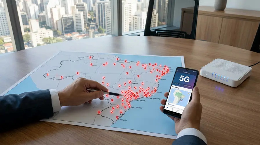 Mapa do Brasil com destaque para cidades atendidas pela oferta, ao lado de um celular mostrando 5G e um roteador de internet residencial, reforçando a ideia de cobertura inicial em cerca de 300 municípios.
