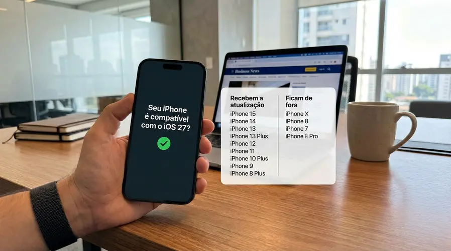 Uma imagem com um iPhone exibindo uma tela de compatibilidade do iOS 27, ao lado de uma lista visual de modelos de iPhone organizados em dois blocos: os que recebem a atualização e os que ficam de fora, para reforçar a dúvida do leitor sobre se o aparelho dele entra ou não.
