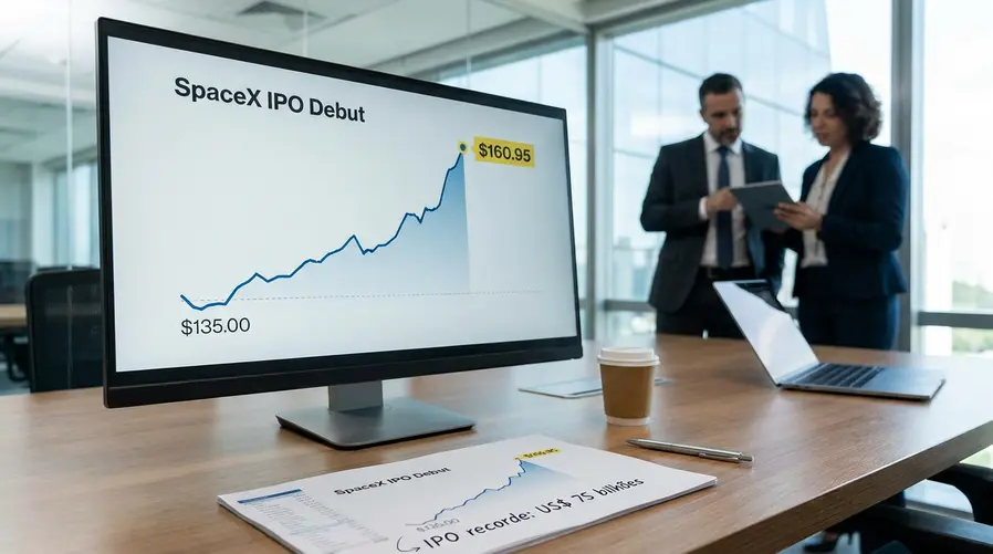 Um gráfico simples mostrando a estreia da ação da SpaceX saindo de US$ 135 para perto de US$ 160,95 no primeiro dia, com destaque visual para a diferença de valorização e uma pequena anotação indicando a IPO recorde de US$ 75 bilhões.