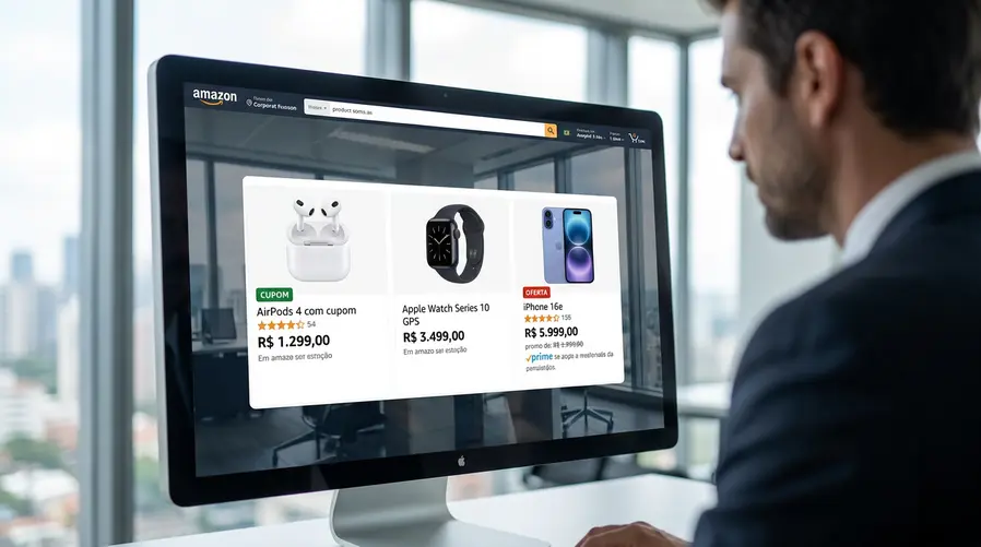 Uma captura de tela ou composição visual mostrando os cards de oferta da Amazon com os produtos Apple destacados lado a lado, incluindo o AirPods 4 com cupom, o Apple Watch Series 10 GPS e o iPhone 16e com o preço promocional visível, para reforçar a comparação de valores da seção.