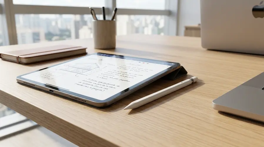 Uma imagem do Apple Pencil Pro destacado sobre uma mesa com um iPad aberto em uma tela de notas manuscritas e desenho simples, reforçando visualmente o uso prático do acessório para estudo, anotações e ilustração.