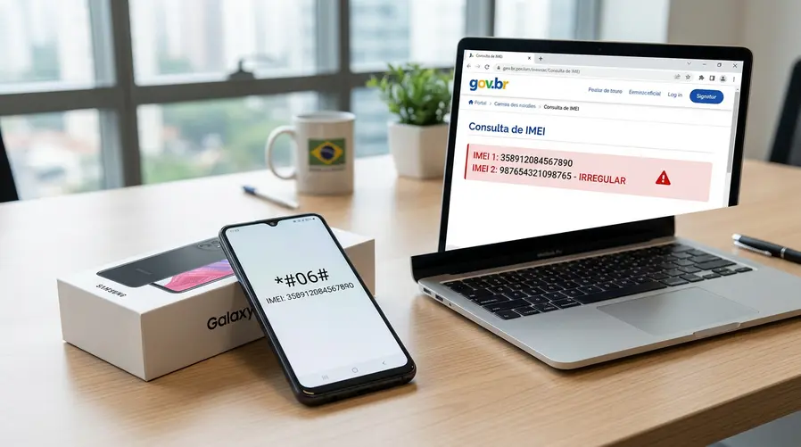 Uma composição visual mostrando a caixa de um celular, a tela do aparelho com o código *#06# aberto e uma consulta de IMEI em uma página oficial no navegador, destacando a comparação entre dois números de IMEI diferentes como sinal de alerta.