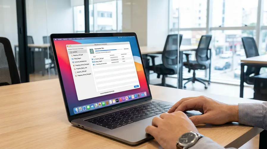 Uma captura de tela de um software de recuperação no Mac mostrando a etapa de varredura do disco e a lista de arquivos encontrados, com pastas e nomes de documentos/fotos apagados, destacando a ideia de que o programa localiza itens deletados antes de restaurá-los.
