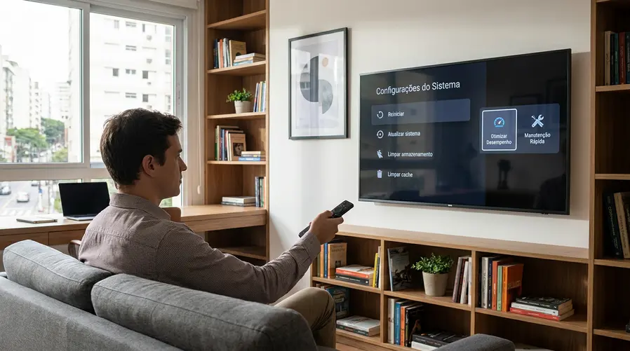Uma pessoa usando o controle remoto na frente de uma smart TV com a tela de configurações aberta, mostrando opções de reiniciar, atualizar sistema e limpar armazenamento/cache; ao lado, um menu simples com itens de manutenção destacados, para ilustrar os ajustes rápidos que melhoram o desempenho.