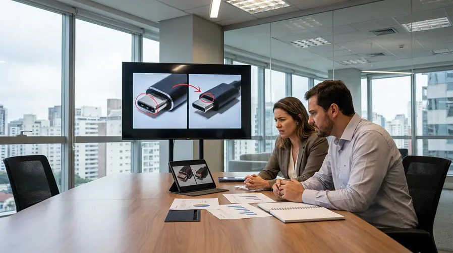 Uma montagem comparando duas imagens vazadas lado a lado, destacando diferenças de ângulo, recorte e iluminação nos supostos conectores USB-C, para evidenciar visualmente por que há suspeita de edição ou reutilização da mesma base de imagem.