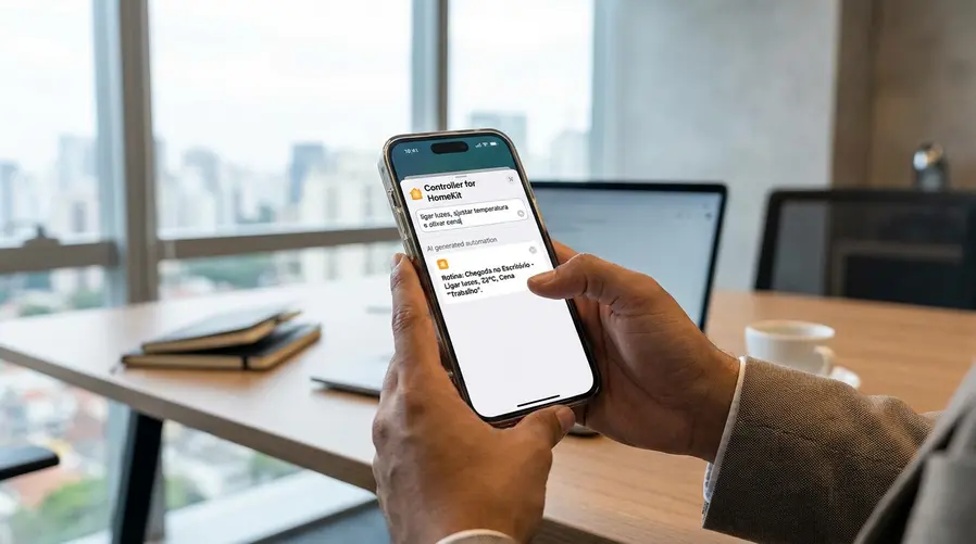 A tela do app mostrando um campo de texto para o usuário digitar uma frase simples, junto de uma sugestão de automação já gerada pelo sistema, como ligar luzes, ajustar temperatura e acionar uma cena ao mesmo tempo.