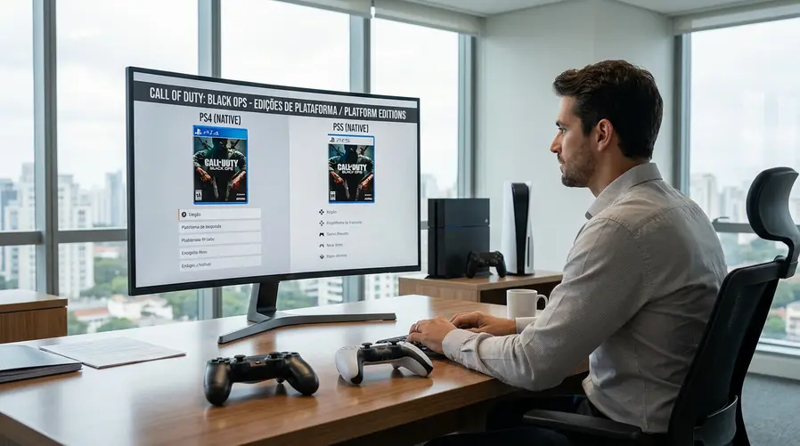 Uma imagem mostrando um controle de PlayStation ao lado de dois consoles ou de uma divisão visual PS4/PS5, com destaque para a ideia de versões separadas para cada geração, como capas do jogo ou uma tela de menu comparando as duas plataformas.