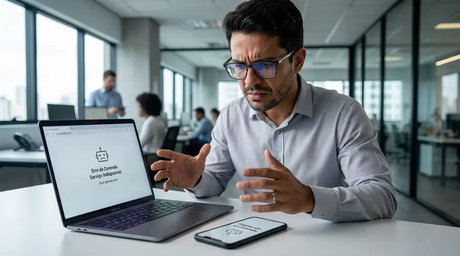 Uma captura de tela do ChatGPT no navegador exibindo a tela de erro ou página que não carrega, com foco na mensagem de indisponibilidade e na frustração de quem tenta acessar o serviço no celular ou no computador.
