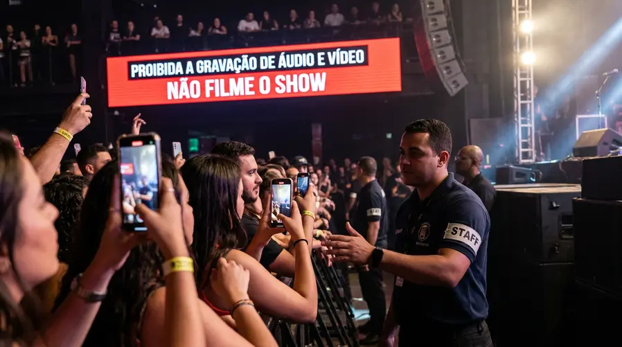 Uma plateia em um show com alguns fãs segurando celulares no alto enquanto, na entrada ou no telão do evento, aparece um aviso claro de restrição de gravação; no destaque da imagem, um segurança ou staff orientando o público sobre guardar o aparelho.
