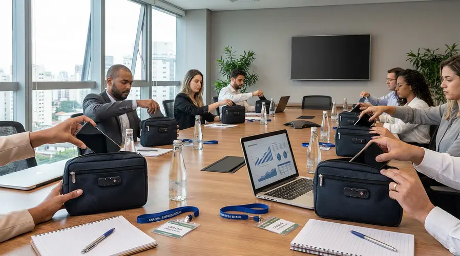 Uma mesa de escritório com vários funcionários deixando seus celulares dentro de pouches individuais com trava, ao lado de crachás e computadores de trabalho, mostrando o momento exato em que a regra é aplicada no dia a dia.