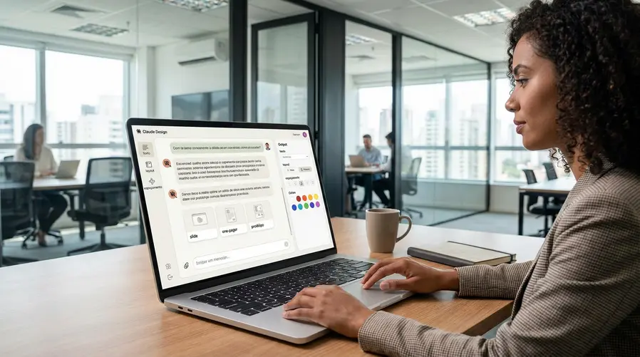 Uma tela do Claude Design mostrando um usuário conversando com a IA para montar uma peça visual editável, com cartões de saída visíveis como 'slide', 'one-pager' e 'protótipo', além de elementos de edição simples na lateral, para deixar claro que a seção fala do fluxo oficial de criação visual dentro do chat.