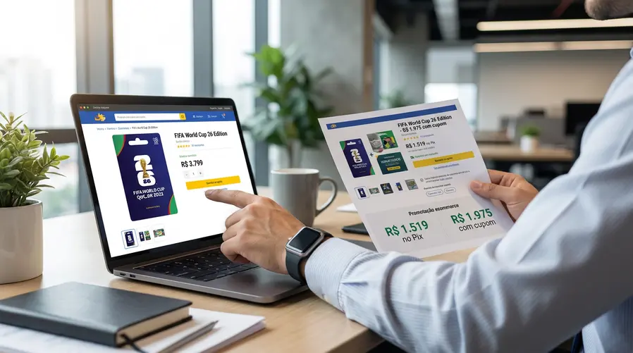 Uma imagem comparando visualmente o preço da edição FIFA World Cup 26 com o da versão normal em oferta, como um card de varejo mostrando o valor de R$ 3.799 da edição especial ao lado de um print de promoção com R$ 1.519 no Pix ou R$ 1.975 com cupom, para reforçar o contraste de custo-benefício daquela seção.