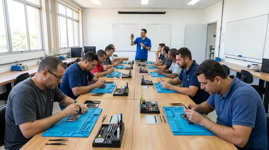 Uma foto de sala de aula presencial com alunos em mesas de bancada durante a manhã, usando ferramentas simples de manutenção de smartphone, com destaque para o clima de curso prático e o horário diurno.
